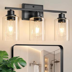 Unicozin 3 Light Bathroom Light Fixtures, Modern Vanity Lights Over Mirror, Black Wall Lamp with Clear Glass for Living Room Cabinet Bedroom Porch