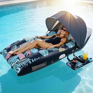 Pool Floats Lounger with UPF50+ Canopy Adjustable, Inflatable Large Floating Chair Ergonomic Design, with Cup Holders, Perfect for Swimming Pool, Beach, Lake, Party
