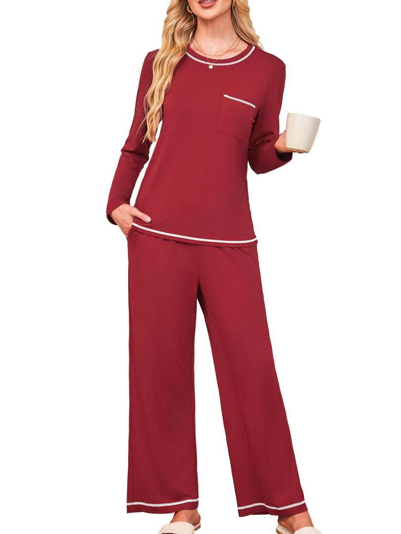Besshopie Womens Pajamas Sets Long Sleeve Sleepwear Set 2 Piece Lounge Sets Comfortable Nightshirts,Burgundy,XX-Large (XXL)