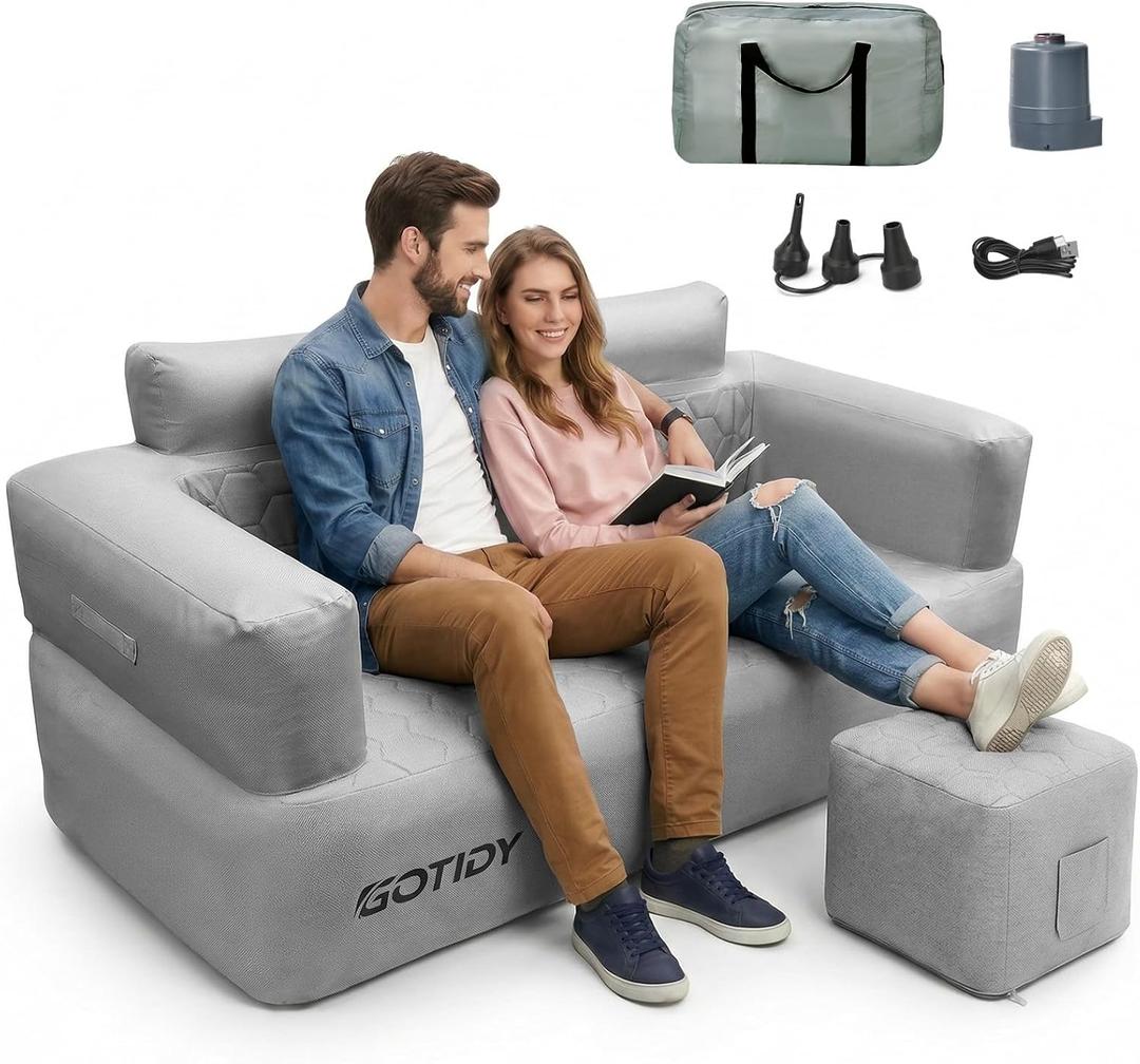 Inflatable Couch Loveseat with Footstool, Camping Couch with Detachable Built-in Pump, Inflatable Sofa with Breathable, Puncture-Resistant Fabric Texture Cover, Camping, Beach, Backyard Party