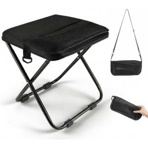 Portable folding stool with dual storage pockets and side pockets Compact adult-sized portable stool, ideal for camping, hiking, outdoor activities and events Maximum weight capacity 280 lbs (Black)