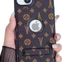 Compatible with iPhone 14 Case Designer for Women Girls Luxury Leather Case Logo View with Metal Stand Shockproof Protective Phone Cover for iPhone 14-6.1(Brown)
