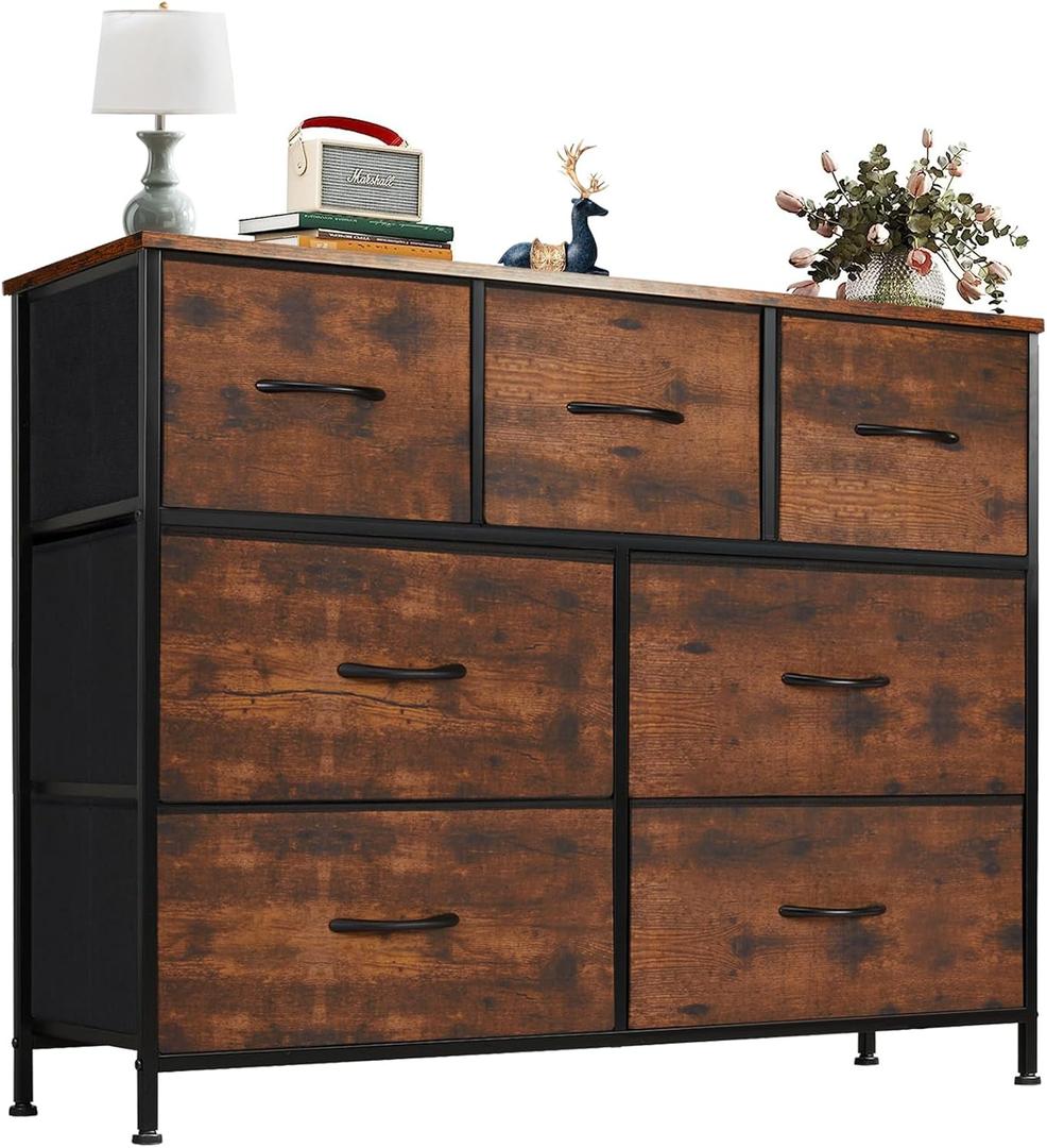 OLIXIS Dresser for Bedroom, 7 Storage Drawers, Wide Fabric Closet Chests Organizer Tower Furniture, TV Stand with Wooden Top Metal Frame for Clothes, Living Room, Hallway, Entryway, Rust