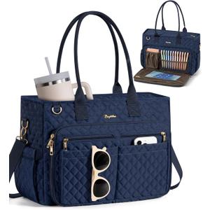 Bagstellar Teacher Bags for Women, 15.6 inch Laptop Work Tote Bag Quilted Nurse Bible Computer Shoulder Bag for School Travel | Dream Tote Work Bag, with 40oz Cup Holder, Insulated Pocket, Zipper & Strap, Office Briefcase, Ideal Gift for Women (Navy Blue)