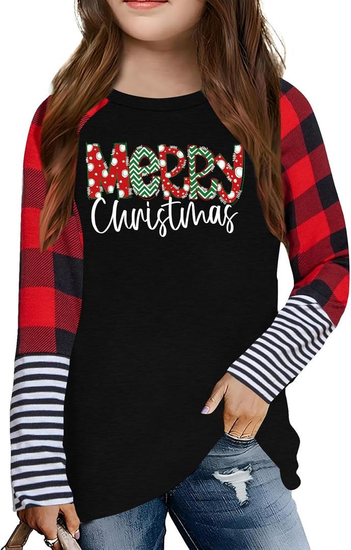 Girls Christmas Shirt Kids Merry Christmas Trees Shirts Ugly Xmas Santa Plaid Long Sleeve Tops 120