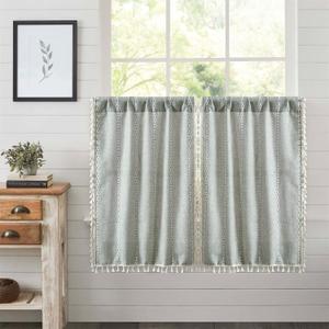RoomTalks Green Boho Farmhouse Kitchen Curtains 54 Inch Length French Striped Modern Vintage Chic Textured Tassel Charcoal Short Cafe Curtains for Small Window Kitchen Bathroom Decor