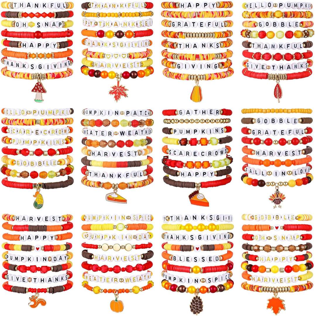 96 Pcs Thanksgiving Fall Bracelets Set Fall Inspirational Friendship Bracelets Bulk Autumn Maple Leaf Pumpkin Charm Stretch Adjustable Flat Beaded Jewelry for Friend Party Favors Gifts