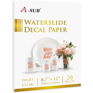 A-SUB Waterslide Decal Paper for Inkjet Printers 20 Sheets Clear Water Slide Transfer Paper 8.5x11 in for DIY Tumbler, Mug, Glass Decals