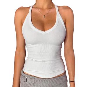 Danysu V Neck Racer Back Tank Top for Women Padded Ribbed Long Tank Fitted Basic Cami Tops (White, M)