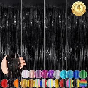 Black Fringe Curtain Party Streamers 4Pack 3.3 x 8.3 Ft Foil Fringe Backdrop Curtains for Birthday Wedding Bridal Baby Shower Holiday Tinsel Streamers Black Party Decorations Door Streamer
