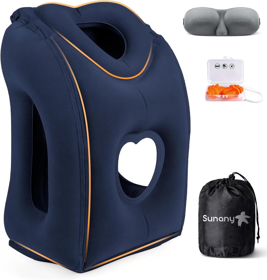 Sunany Travel Pillow, Upgraded Plane Pillow for Long Flights, Inflatable Neck Pillow Used for Airplanes,Cars,Buses,Trains,Office Napping with Eye Mask,Earplugs (Blue) (Medium, Blue (Head Heart-shape&sloping Base))
