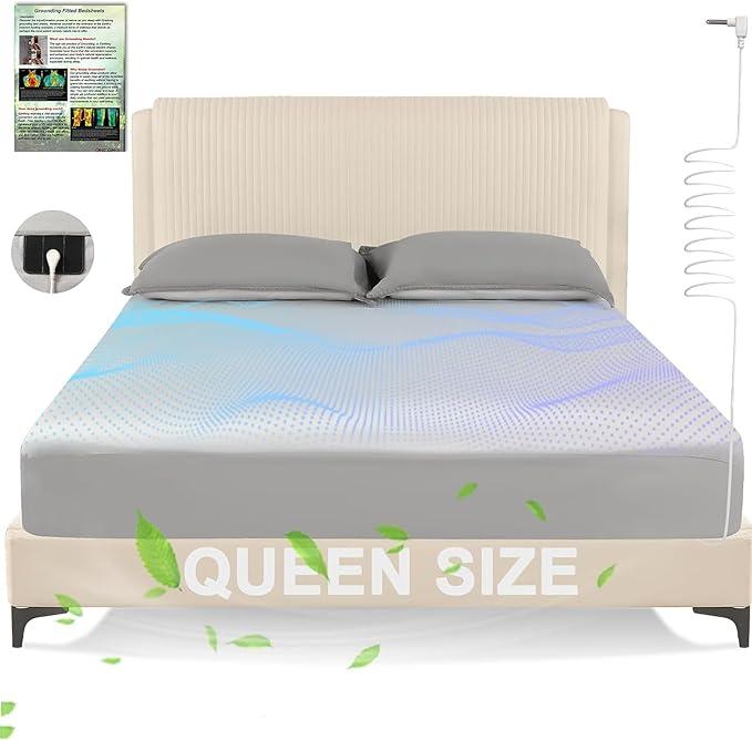 GroundBam Bed Sheets. Grounding Sheets Queen Size, Earth Grounded Fitted Bed Sheet with 10% Pure Silver Fiber + 90% Organic Cotton, for Improved Sleep & Wellness (Gray, Queen - 80"x60"x15