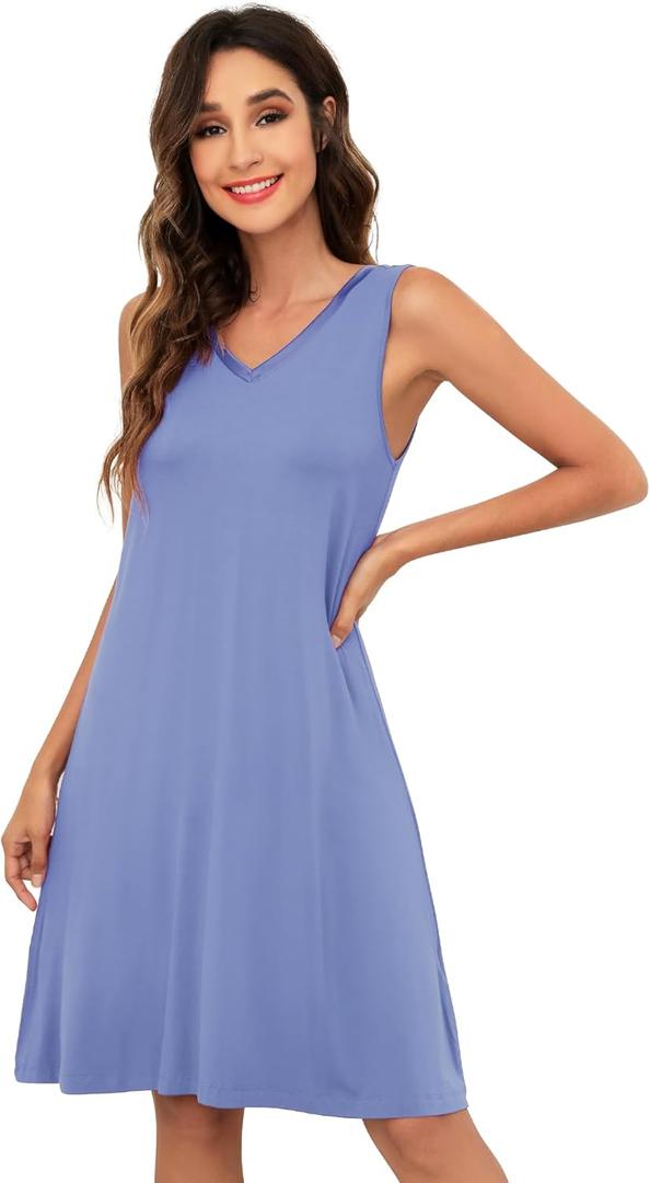 WiWi Nightgown for Women Super Soft Sleeveless Sleepwear Cool V-neck Sleep Shirts Bamboo Viscose Pj Gown S-4X (A-fog Blue)