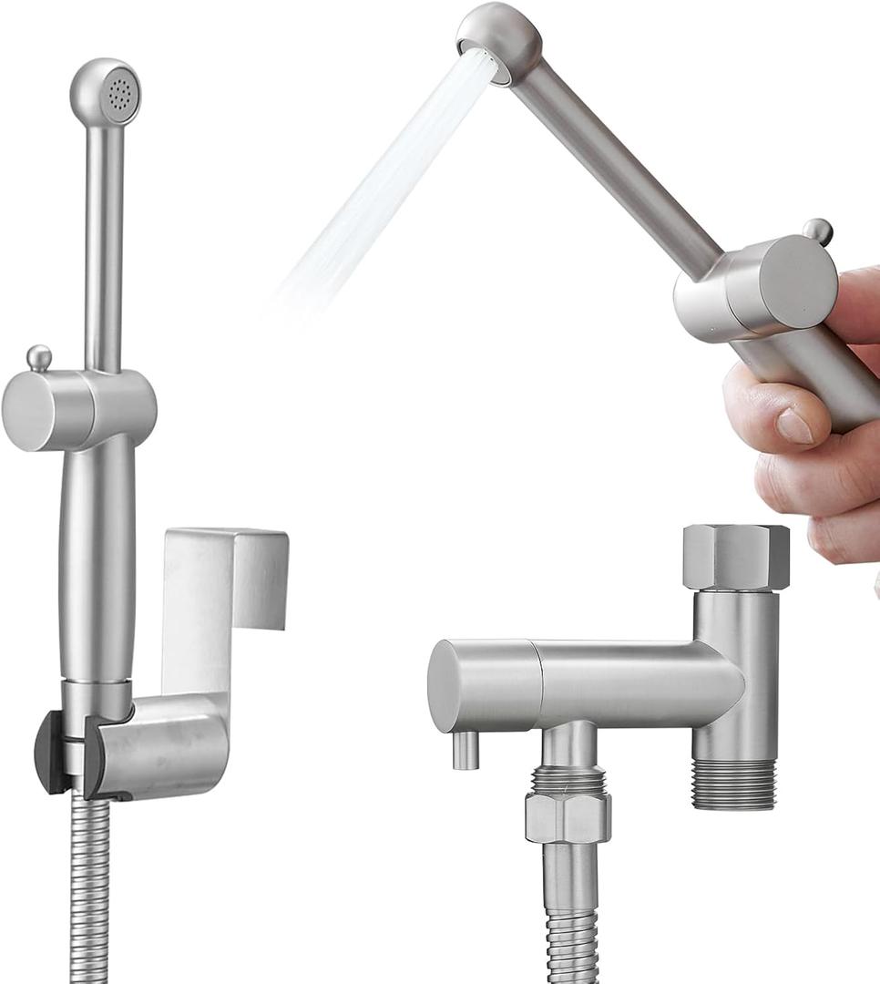 All Brass Bidet Sprayer Set for Toilets, Wall or Toilet Mount, Dual Thumb Pressure Controls, Superior Hoses Kit, Handheld Sprayer Bidet Attachment Kit, Cloth Diaper Brushed Nickel