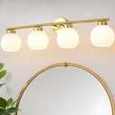 4 Light Bathroom Vanity Light, Gold Bathroom Light Fixtures Over Mirror, Mid Century Modern Wall Light with Frosted Globe Glass Shades, 32 inch Brass Vanity Lights, E26 Socket