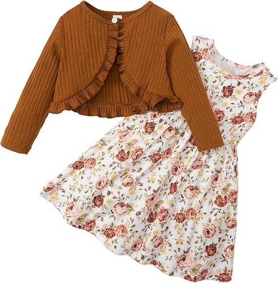 Goodstoworld Girls DressesFloral Dress Toddler Sleeveless Brown Sundress Kids Autumn Winter Long Sleeve Casual Clothes (5T-6T, Brown)