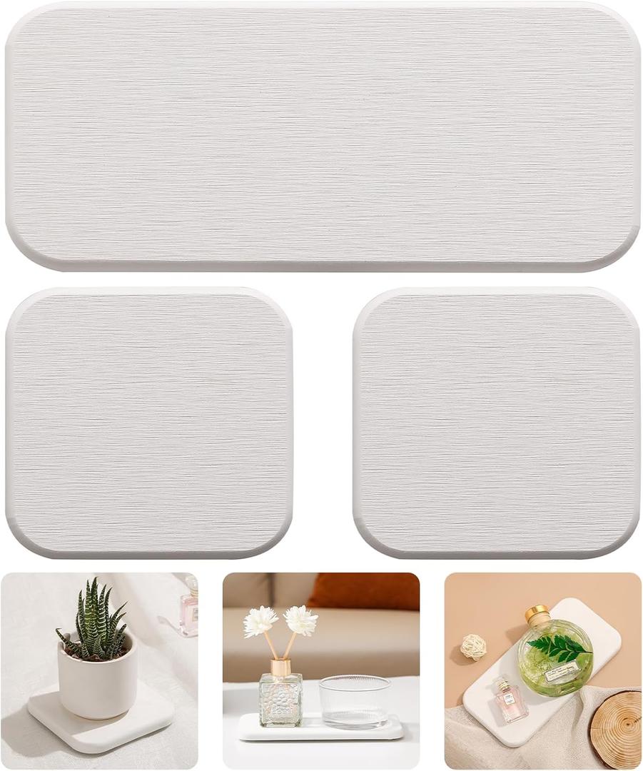 3PCS Water Absorbing Diatomaceous Earth Tray for Sink, Fast Drying Soap & Toothbrush Holders for Bathroom Counter, 1 Stone Tray, 2 Stone Coasters (White-no Pattern)