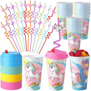 Maxcheck 24 Sets 16 oz Unicorn Cups Birthday Party Favors with Colorful Lids and Straws for Birthday Decorations Rainbow Plastic Cups Reusable Plastic Straws for Party