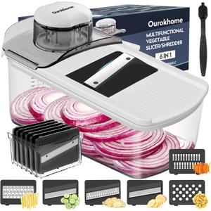 Ourokhome Vegetable Mandolin Slicer, Hand Safe Kitchen Food Shredder with 6 Mandoline Blades, Veggie Waffle Cutter for Potato, Carrot, Zucchini, Onion, Essential Kitchen Gadgets (6 in 1, White)