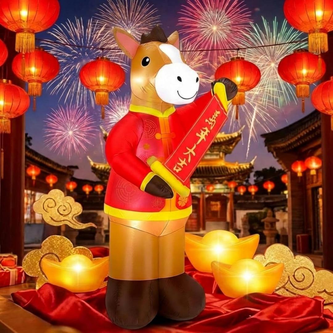 Leyndo 5 ft Chinese New Year Horse Inflatable Decor 2026 Horse in Tang Suit Holding Couplet Decor Lunar New Years Blow up Decoration with LED Lights for Outdoor Spring Festival Chinatown Yard Lawn