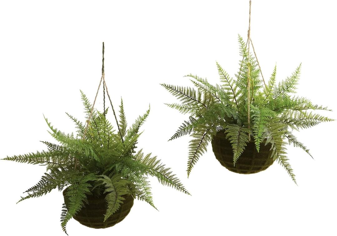 Nearly Natural Leather Fern with Mossy Hanging Basket (Indoor/Outdoor) (Set of 2)