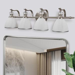 ANDY STAR Bathroom Light Fixtures Over Mirror, 4-Light Brushed Nickel Vanity Lights for Bathroom, 27.8 Inch Vintage Wall Sconce with Milk White Bell Glass Shades, Rustproof Silver Finish, E26 Base