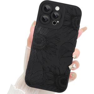 Fiyart Designed for iPhone 16 Pro Max Case Cute Flower Floral Sunflowers Design,Soft Slim TPU Anti-Scratch Phone Cover for Women Girls 6.9"-Black