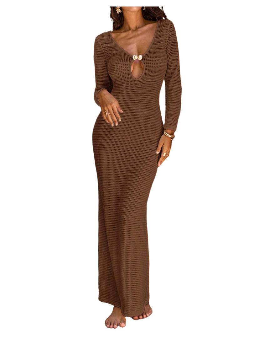 GORGLITTER Women's Crochet Long Sleeve Bodycon Maxi Dresses Metal Cut Out V Neck Fall Lightweight Sweater Knit Dress Brown X-Large