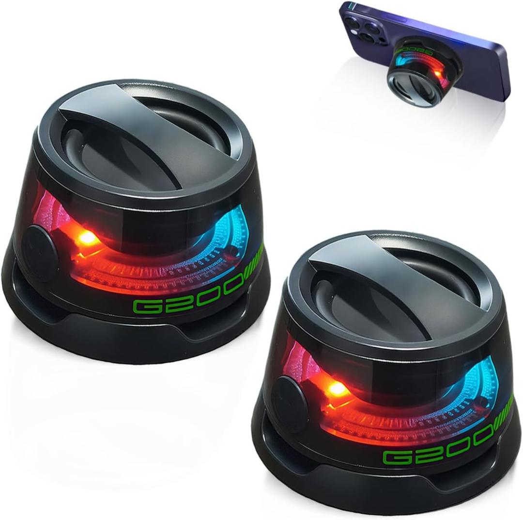 G200 Magnetic Bluetooth Speaker, Wireless Portable Mini Speaker with RGB Light, Strong Magnetic Base & Phone Stand, 2-Inch Mini Stereo Sound for Home, Outdoor, Travel, Party, Two-Pack in Black