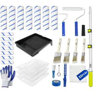32PCS Paint Roller Kit with Extension Pole - 2 to 4 FT Pole, 4 inch 9 inch Paint Rollers, Paint Brushes for Walls, Painters Tape & Drop Cloth, Microfiber Roller Covers for Professional Painting