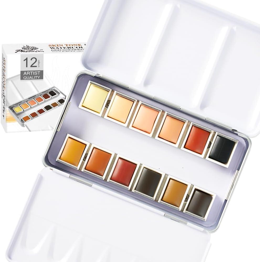 PHOENIX Skin Tone Watercolor Paint Set - 12 Flesh Colors Artist Grade Half Pans Palette Portrait Colors Watercolor Travel Set for Adults, Professional Artists