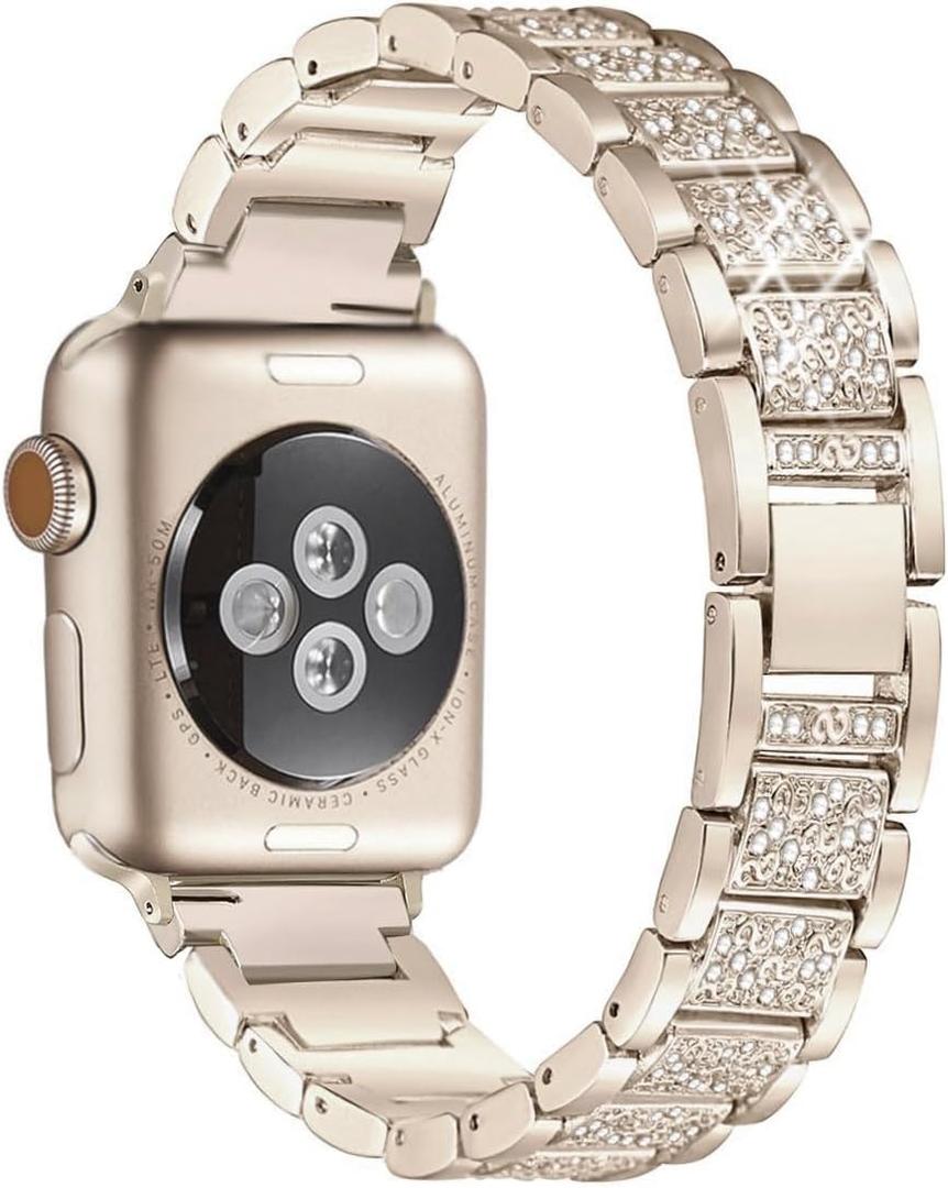 Bling Bands Compatible with Apple Watch Band 42mm/41mm/40mm/38mm Iwatch Series 11/10/9/8/7/6/SE/5/4/3/2/1, Women Metal Rhinestone Dressy Replacement Wristband, Champagne Gold