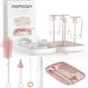 Momcozy 7-in-1 Baby Bottle Cleaner Kit with Silicone, Nipple & Straw Brushes, Soap Dispenser and Drying Rack - Portable Cleaning Tool for Home and Travel, Pink (Classic Style)