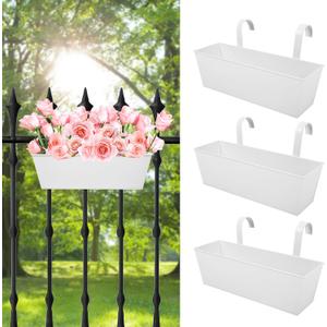 Railing Planters Outdoor Balcony 16 Inch Deck Over The Railing Planter Boxes Hanging Planters for Fence Flower 3 Pcs (White)