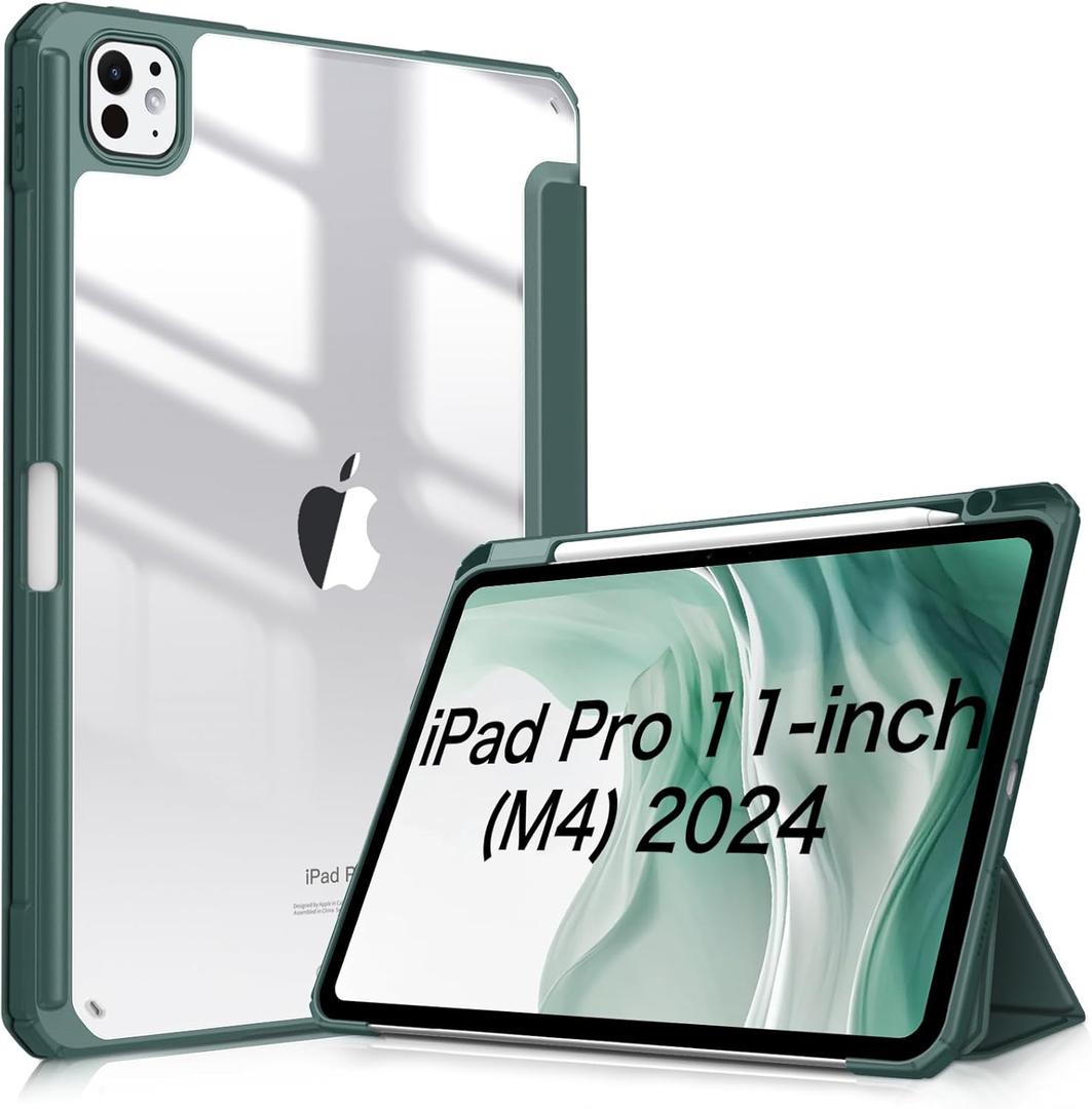 Fintie Hybrid Slim Case for iPad Pro 11-inch M4 (2024) (Model Number: A2836/A2837/A3006) - [Built-in Pencil Holder] Shockproof Protective Cover with Clear Transparent Back Shell, Midnight Green