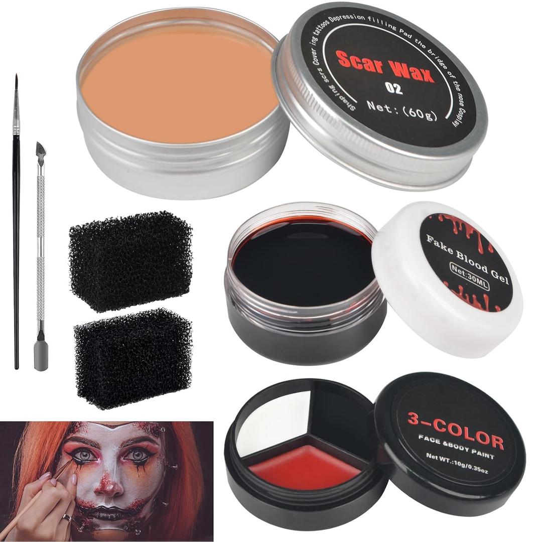 7PCS Halloween SFX Special Effects Makeup Kit, SFX Makeup Kit Include 3 Colors Clown Makeups Face Body Paint, Scar Wax,Fake Blood,Spatula,Brush,2PCS Stipple Sponges for Halloween Cosplay Costume Party