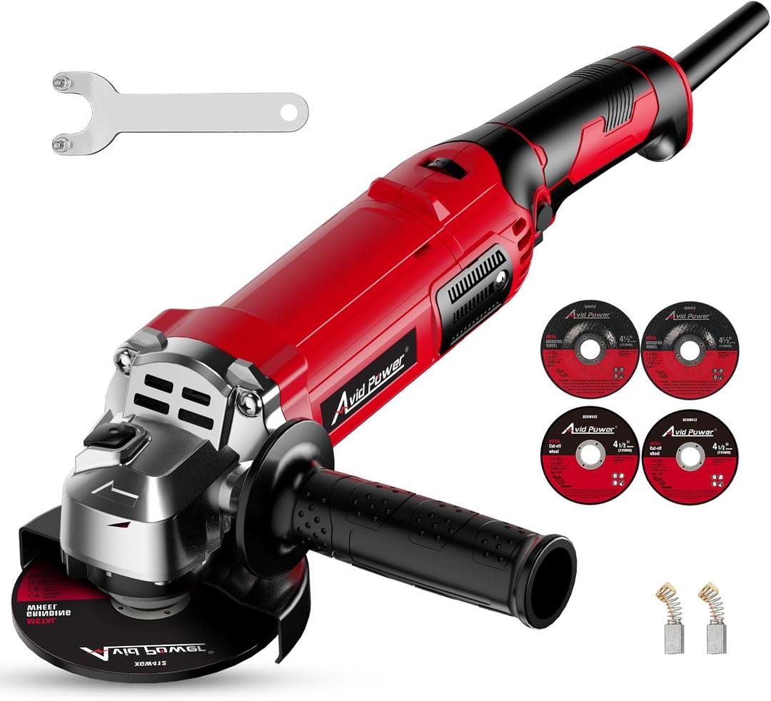 AVID POWER Angle Grinder 4-1/2 Inch 8.0 Amp 1000W Electric Grinder Tool 7-Variable-Speed Metal Grinder, 11,500 RPM, Paddle Switch with Lock-on Button, Cutting & Grinding Wheels and Side Handle - Red