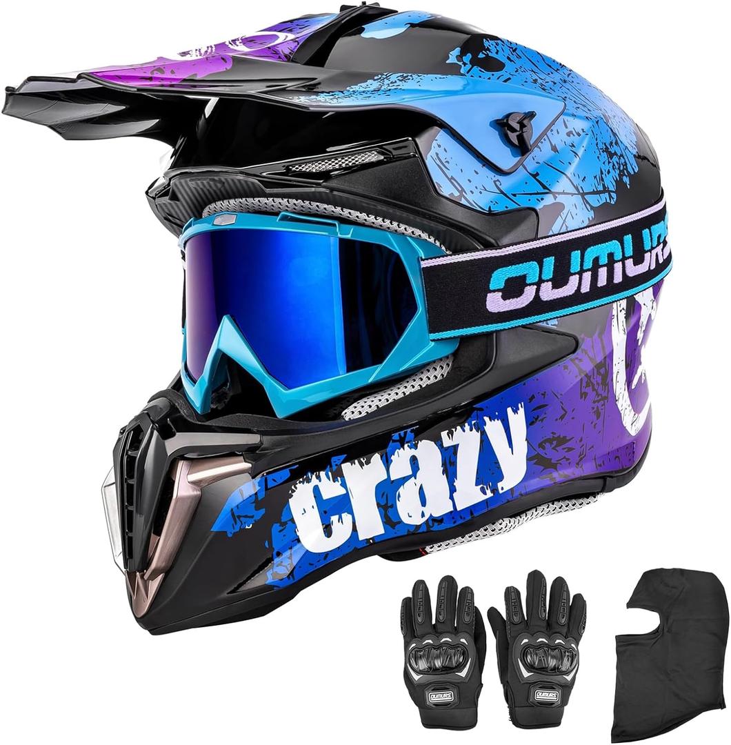 Adult ATV Dirt Bike Helmet with Goggles Gloves & Mask Quick Release Buckle Adjustable Sun Visor Motorcycle Adult Helmet Off-Road Motocross Downhill Moped MX for Unisex-Adult (Medium, Crazy Blue)