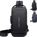 Travel Sling Bag Waterproof Crossbody Bag with Combination Lock Anti-Theft PU Leather Chest Bag with USB Charging Hole Shoulder Backpack Motorcycle Bags, Black