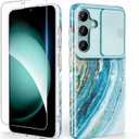 SHEDEER for Samsung Galaxy S24 Plus Case with Slide Camera Cover + Screen Protector, Samsung S24 Plus Case Shockproof Slim Thin, Glossy Fade-Resistant Pattern Phone Case Cover for S24+ Plus, Blue