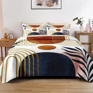 Quilt Set Full/Queen Size, Gold Yellow Mid Century 3 Pcs Soft Bed Cover Bedding Set for Kids and Adults, Sun Boho Geometric Leaf Lightweight Bedspread Coverlet with Pillow Sham for All Season