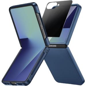 Ruky for Z Flip 7 Case with Privacy Screen Protector, Full Body Cover Anti-Scratches Shockproof Hard PC Ultra-Thin, Support Wireless Charging Protective Phone Cover for Samsung Z Flip 7, Dark Blue