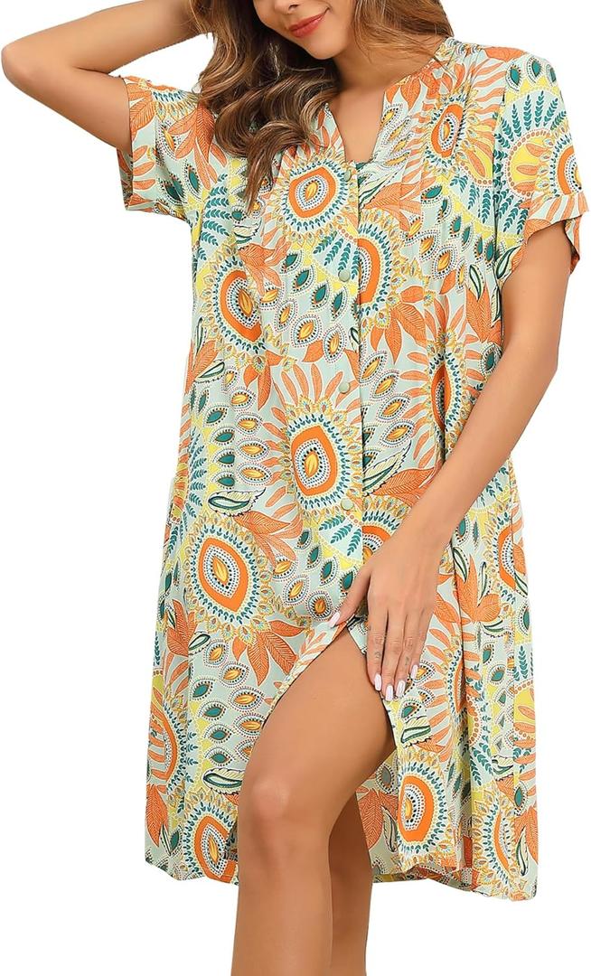YOZLY House Dress Women Cotton Duster Robe Short Sleeve Housecoat Button Down Nightgown (X-Large, Floral Orange)