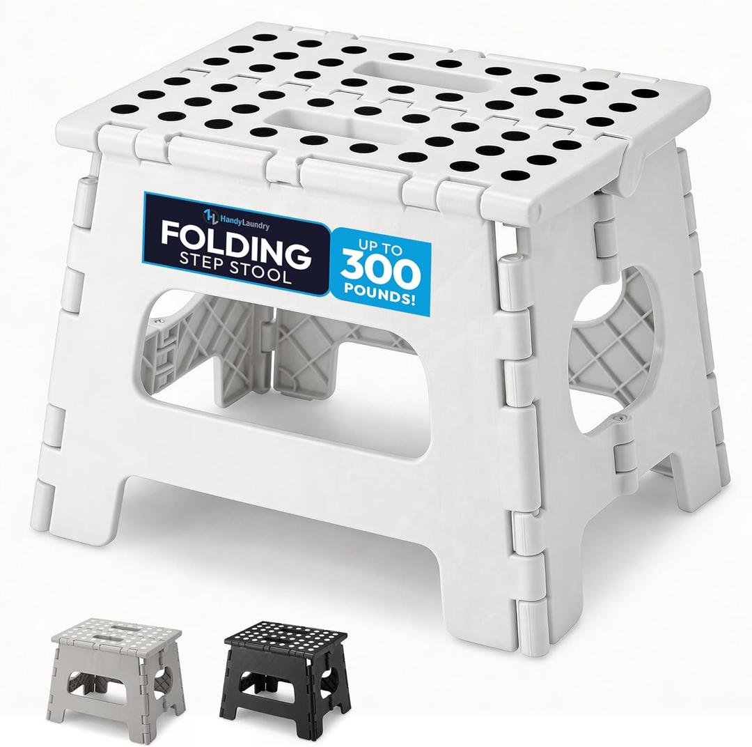 Handy Laundry Folding Lightweight Step Stool - Sturdy Enough to Support Adults and Safe Enough for Kids - Opens Easy with One Flip - Great for Kitchen, Bathroom or Bedroom (White - 8 Inch)
