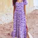 BTFBM Casual Women Summer Dresses 2024 Puff Sleeve Floral Maxi Dresses Smocked Backless Flowy Tiered Beach Long Dress (Purple, L)
