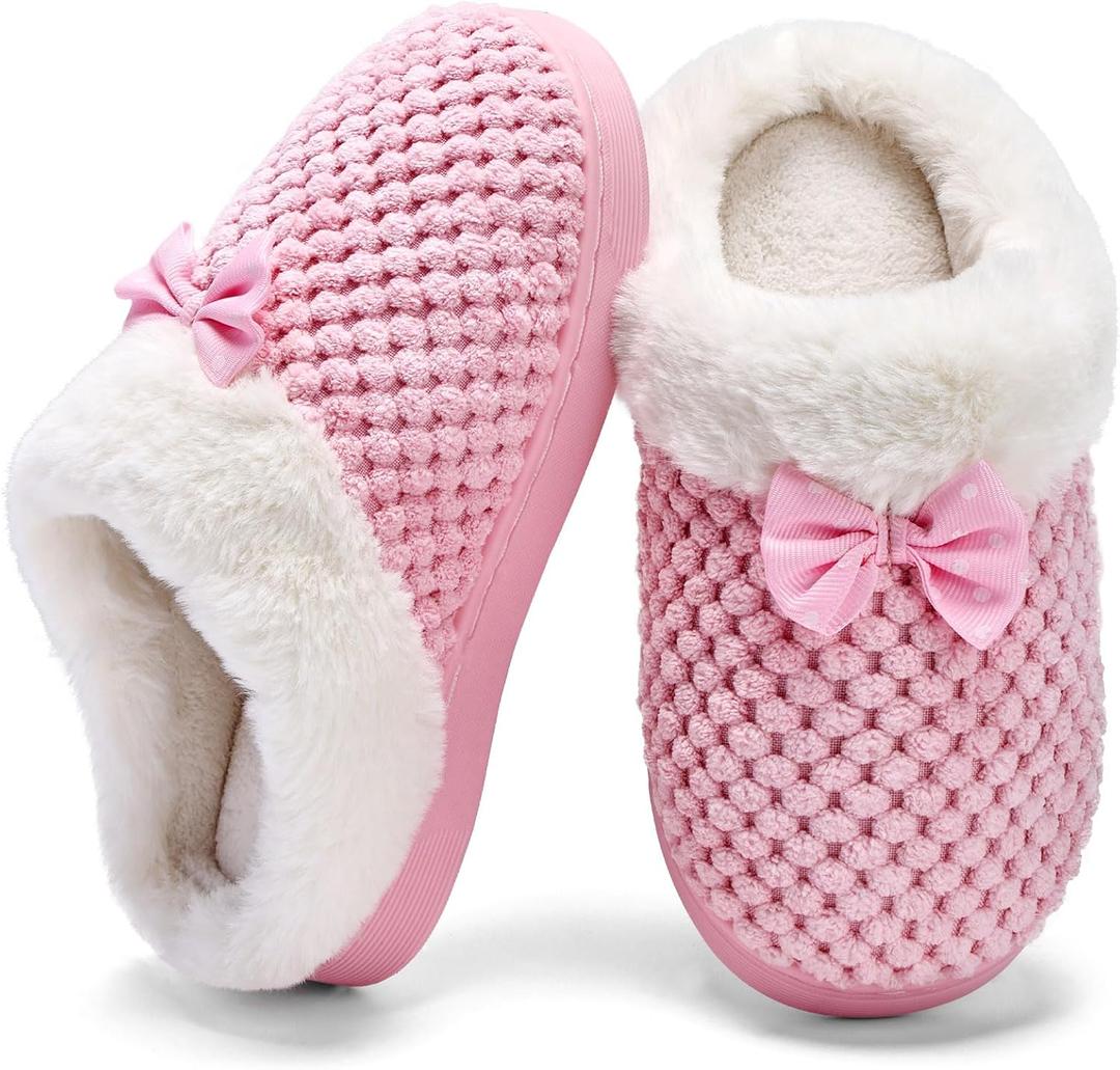 WateLves Girls Slippers Memory Foam Toddler Kids Comfort Wool-Like Plush Fleece Lined House Shoes for Indoor & Outdoor (3 Big Kid, Pink)
