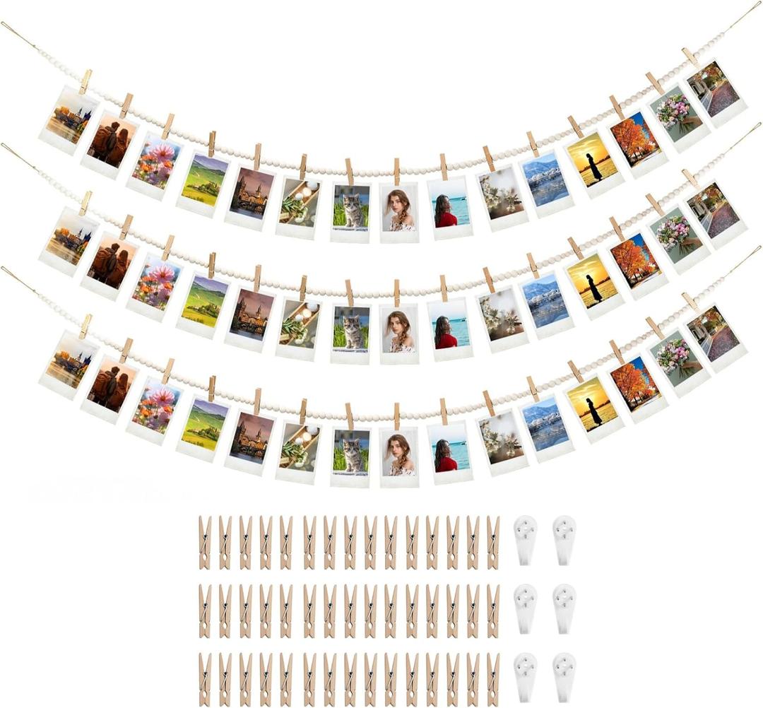 3PCS Hanging Photo Display with 45 Clips, 67 Inch Boho Wooden Bead Garland Photo Banner, Kids Art Display Collage Picture Postcard Display, Photo String for Bedroom Dorm Cubicle Wall Decor Teen Gifts