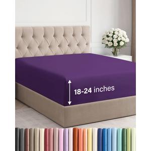 Extra Deep Queen Fitted Sheet - Hotel Luxury Single Fitted Sheet Only - Easily Fits 18 inch to 24 inch Mattress - Ultra Soft, Wrinkle & Fade Free with Extra Deep Pockets - Breathable & Comfy - Purple