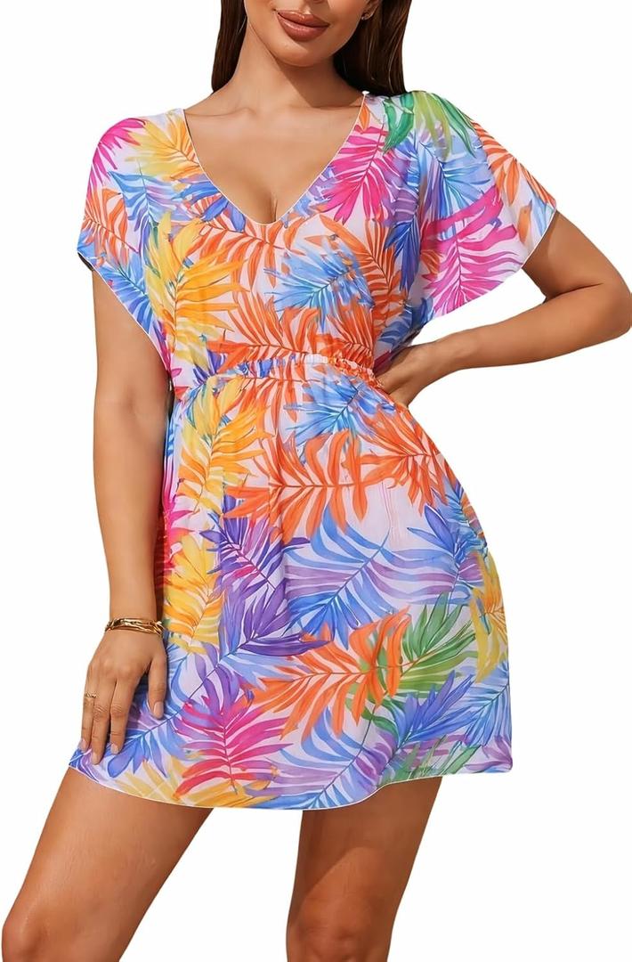 Women V Neck Beach Cover Up Dress Tropical Print Swimsuit Coverup Elastic Waist Bikini Beachwear