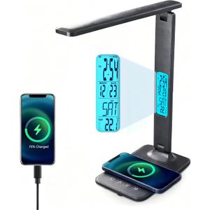LED Desk Lamp with 10W Wireless Charger & USB Port, Eye-Caring Dimmable Touch Control Lamp with Clock Display, Adjustable Foldable Arm, 5 Brightness & 3 Color Modes for Home Office Study